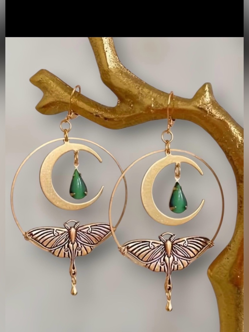 Gold Crescent Moon & moon Moth Hoop Earrings with Green Teardrop